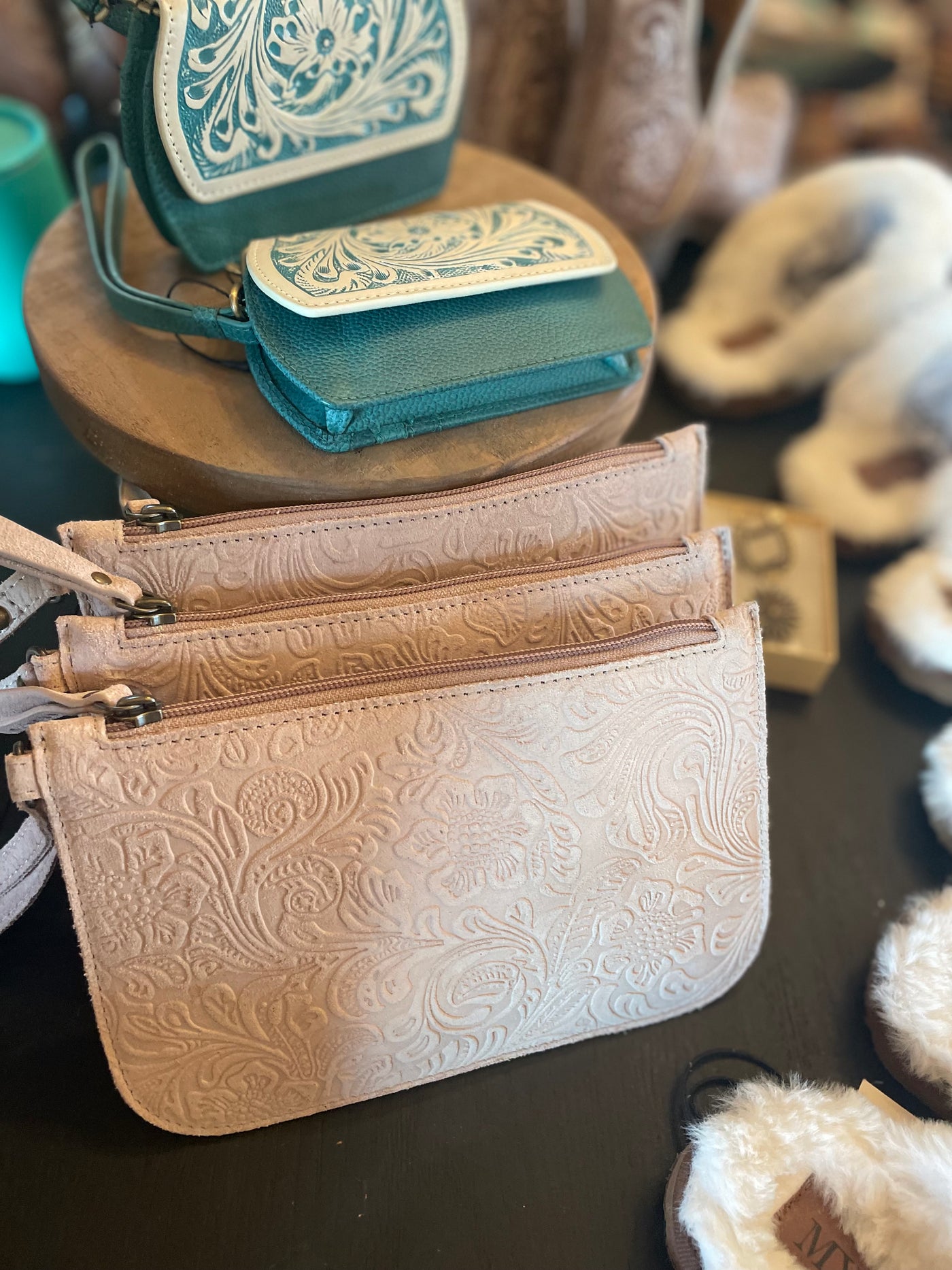 Dusty pink leather tooled leather clutch